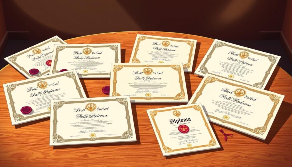 A stylized illustration showcasing a variety of diplomas and certificates arranged neatly on a wooden table. The diplomas have ornate borders, elegant calligraphy, and official seals, reflecting their formal and prestigious nature. The table is illuminated by warm, directional lighting, creating depth and highlighting the textures of the documents. The background is softly blurred, keeping the focus on the diplomas as the central subject. The overall tone is one of academic accomplishment, professionalism, and attention to detail.