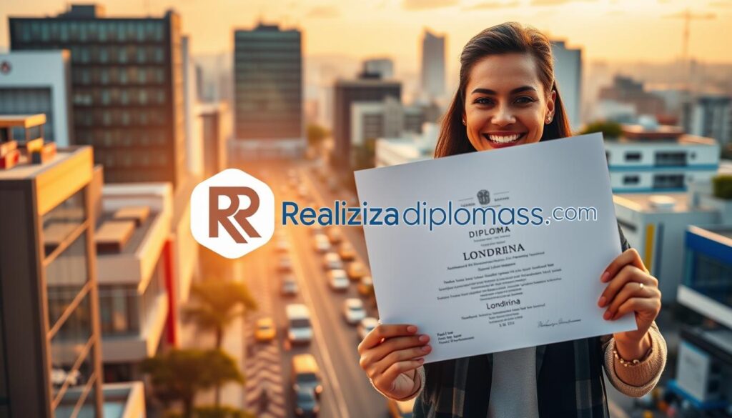 A vibrant and dynamic scene showcasing the importance of professional recognition. In the foreground, a person confidently holds a diploma, their expression radiating a sense of pride and accomplishment. The middle ground features a stylized representation of the Realizadiplomas.com logo, symbolizing the value and legitimacy of the diploma. In the background, a lively cityscape of Londrina comes into view, with modern architecture and bustling streets, conveying the professional opportunities available. The scene is bathed in warm, golden lighting, creating an atmosphere of success and fulfillment. The overall composition emphasizes the significance of obtaining a recognized diploma and the doors it can open in the dynamic city of Londrina.