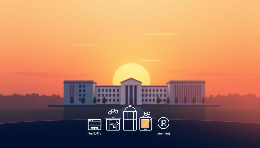 A vibrant, minimalist illustration showcasing the key benefits of a 6-month university degree program. In the foreground, a cluster of stylized icons representing flexibility, career advancement, and accelerated learning. The middle ground features a sleek, modern university campus set against a backdrop of a warm, golden-hour sky. Subtle lighting creates a sense of positivity and optimism. The overall composition conveys the efficiency, practicality, and transformative potential of a fast-track higher education pathway.