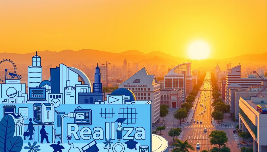 A vibrant scene of the most sought-after courses in Araucária, Brazil. In the foreground, a stylized illustration showcases a diverse array of academic disciplines, from engineering and business to healthcare and technology, all against a backdrop of the Realiza Diplomas brand. The middle ground features a dynamic cityscape, with modern architecture and bustling streets, hinting at the educational and professional opportunities available in this thriving region. The background is a warm, golden-hued sunset, creating a sense of optimism and growth. Crisp, high-resolution details and a slightly muted color palette convey a sophisticated, aspirational atmosphere.