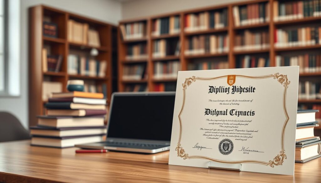 A well-lit, academic setting with a sturdy wooden desk, stacks of hardcover books, and a laptop displaying university documents. In the foreground, a diploma certificate stands proudly, its ornate design and official seal reflecting the quality and authenticity of the academic achievement. The background features a wall of bookshelves, lending an air of scholarly prestige, while a large window allows natural light to pour in, creating a warm and inviting atmosphere. The overall composition conveys the advantages of possessing high-quality, legitimate academic documents - a sense of accomplishment, credibility, and the opportunities they can unlock.
