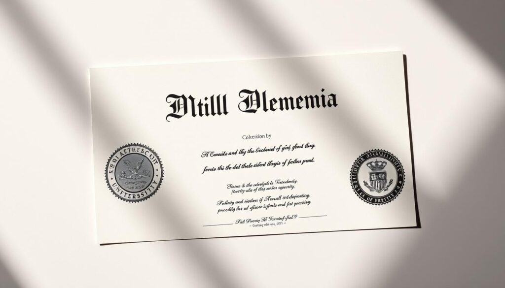 Elegant diploma against a refined background, showcasing intricate security elements. Centered on the diploma, featuring watermarks, embossed seals, and subtle microprinting that attest to its authenticity. The diploma is illuminated by soft, directional lighting, casting subtle shadows that accentuate the textured security features. The overall composition conveys a sense of prestige and reliability, befitting a recognized academic credential.