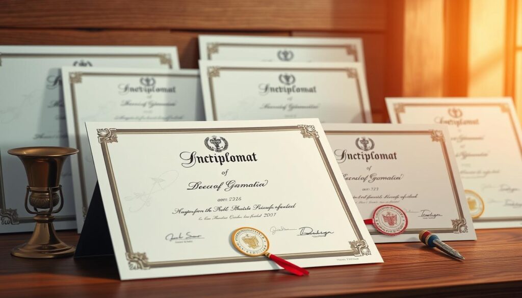 High-quality, photorealistic illustration of various types of diplomas available, showcased on a wooden table or desk. The diplomas should be prominently displayed, with attention to intricate details such as embossed seals, signatures, and decorative borders. The lighting should be soft and natural, creating a warm, professional atmosphere. The composition should be balanced, with the diplomas taking up the majority of the frame, and a subtle background featuring subtle textures or gradients to complement the main subject. The overall mood should convey a sense of credibility, authority, and academic achievement.