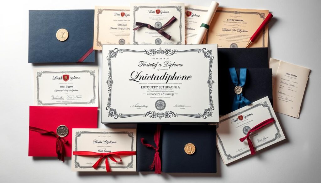 Tipos de diplomas disponíveis: a diverse collection of high-quality diplomas on a clean, professional background. A central diploma takes focus, showcasing intricate designs and official seals. Surrounding it, a variety of diploma types in various layouts, colors, and styles, representing the breadth of options available. Soft lighting casts subtle shadows, highlighting the textures and details. The overall scene conveys a sense of academic accomplishment, quality, and the opportunity to obtain a respected credential.