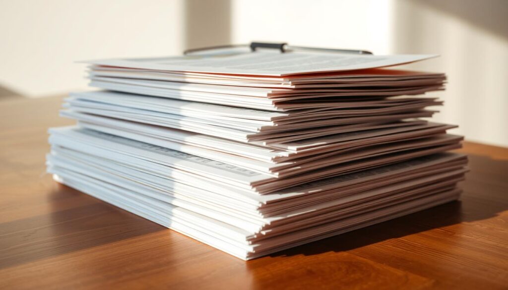 valores de documentos educacionais, official school and academic certificates, diplomas, transcripts, and credentials stacked neatly on a wooden table in warm, natural light, clean and minimalist composition, sense of organization and attention to detail, subtle textures and shadows, muted color palette, conveying the formality and importance of educational documents